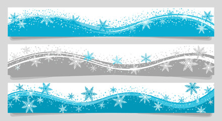 Beautiful winter snow and snowflake banners with flowing icy waves.