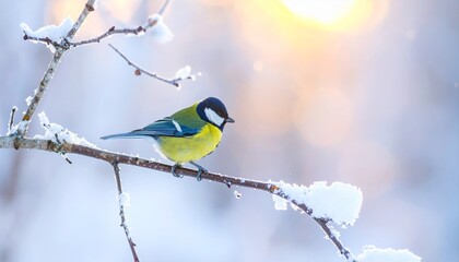 Fototapeta premium 雪をかぶった白樺の枝に、一羽のシジュウカラが朝の光に向かって静かにとまる。背景には柔らかなボケと舞う雪が広がり、穏やかな冬の森の空気を感じさせる。