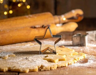 Close-up image of cookie dough with star-shaped cutter, rolling pin, and festive string lights