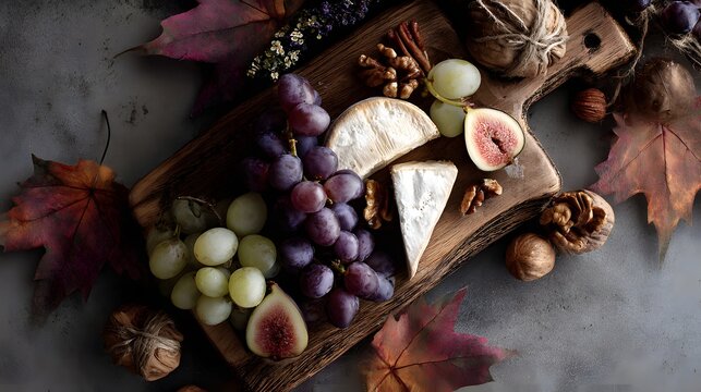 Culinary delight cozy autumn harvest cheese board in a rustic kitchen food photography setting