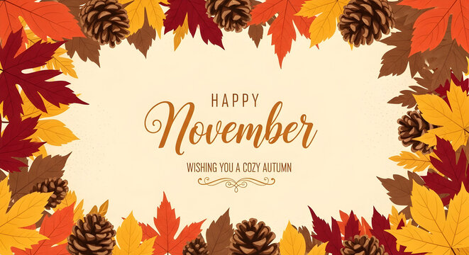 A cheerful November greeting card featuring colorful autumn leaves pinecones and elegant typography on a warm cream backdrop 59374030 1 - Powered by Adobe