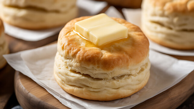 Freshly baked buttermilk biscuit topped with a pat of melting butter, served on parchment paper