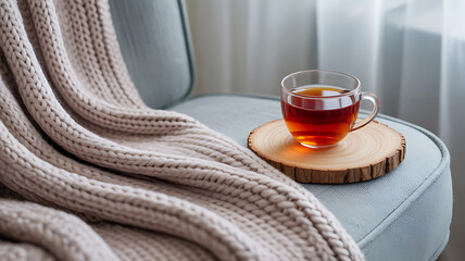 A cup of tea on a wooden coaster rests on a light blue armchair draped with a knitted beige blanket, creating a cozy indoor scene.