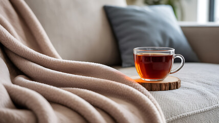 A cup of tea on a wooden coaster placed on a cozy sofa with a soft beige blanket and cushion in a well-lit room