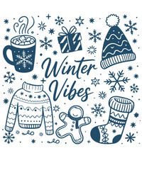 Dark blue background with faint white outline illustrations of winter items and text vibes