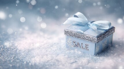 Elegant winter sale gift box with sparkling frost, perfect for holiday promotions and seasonal discounts.