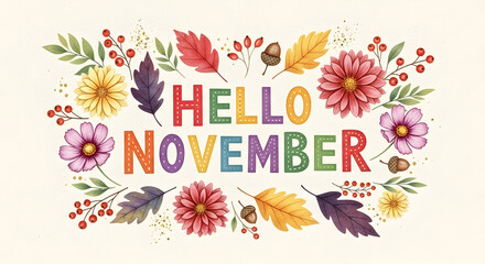 A cheerful Hello November greeting card featuring colorful text and delicate floral decorations perfect for autumn celebrations 27171845 1