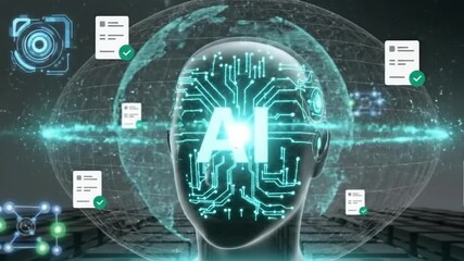 Artificial intelligence brain processes global data and documents. - Powered by Adobe