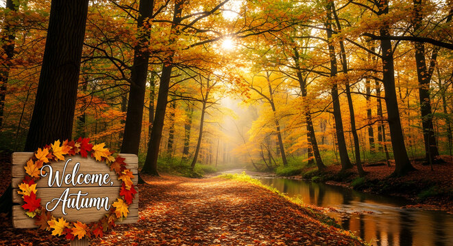 A serene autumn forest with golden leaves warm hues and a welcoming message capturing the essence of falls beauty and tranquility 49068539 1