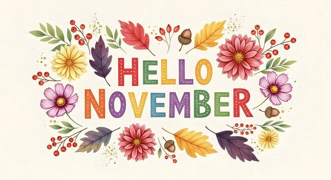 A cheerful Hello November greeting card featuring colorful text and delicate floral decorations perfect for autumn celebrations 27171845 1