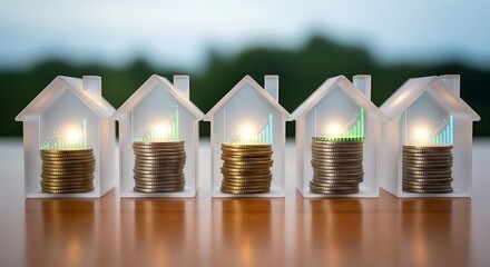 Row of illuminated house shaped structures with stacks of coins inside representing financial growth and investment
