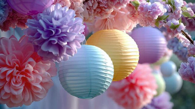 Colorful paper lanterns and flowers creating a festive atmosphere. The lanterns are in pastel colors and are hanging from a display with a floral arrangement.