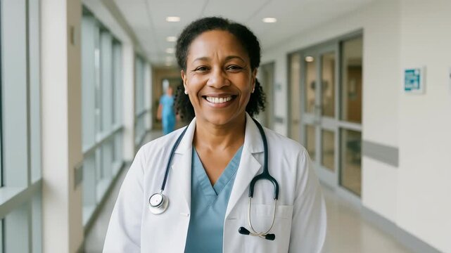 A friendly doctor smiles in a hospital corridor, captured from a front-facing angle. The video conveys warmth and professionalism in a healthcare setting.