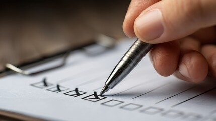 Hand holding pen checking off tasks on a clipboard in a focused work environment