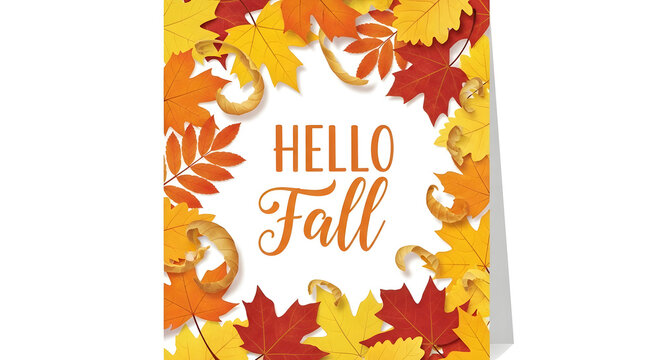 A bright greeting card featuring Hello Fall text surrounded by scattered autumn leaves in warm colors like orange yellow and red 98414280 1