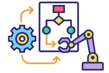 Automated robotic arm with workflow diagram and gear mechanism process automation chart