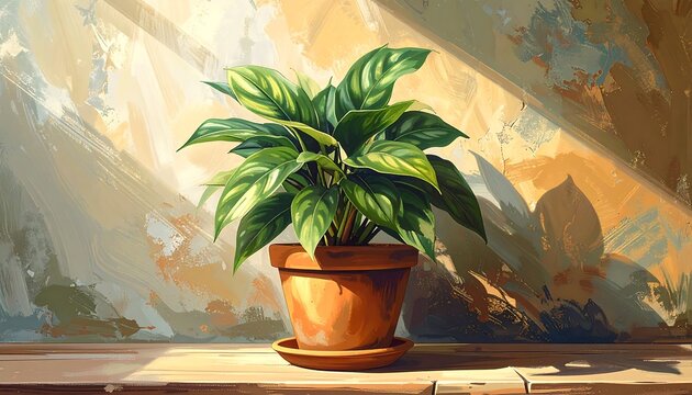 A vibrant houseplant sits in a terracotta pot bathed in sunlight. Shadows dance on a textured wall - Powered by Adobe