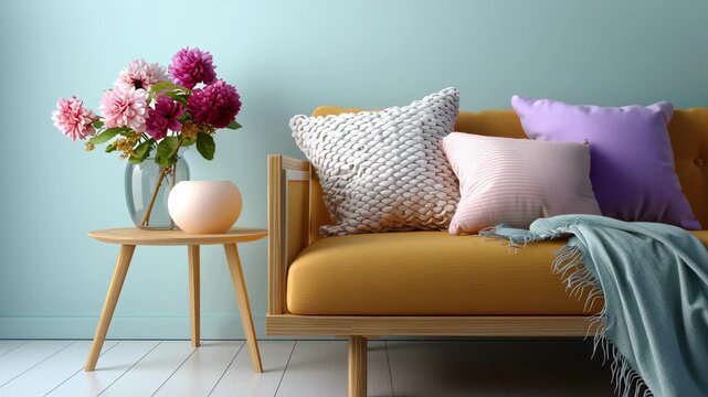 A cozy living room scene with a vibrant sofa, decorative pillows, and a flower vase. A warm and inviting atmosphere, perfect for relaxation