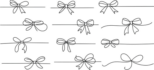 Black Outline Bow Collection on Horizontal Lines Isolated on a Clean White Surface
