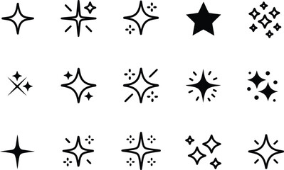 Fototapeta premium Collection of Fifteen Unique Black Sparkle Star Icons on White Background Illustration