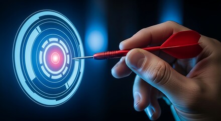 Hand holding a red dart aiming at a futuristic glowing digital target with blue light effects