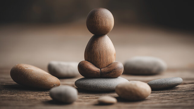 Wooden figure sitting cross-legged in meditation pose surrounded by smooth stones, symbolizing calmness, mindfulness, and relaxation in stress relief and self-care practice. 
