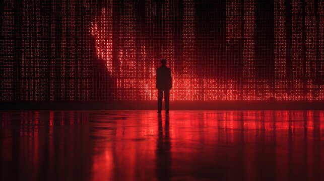 Lone figure silhouetted against a cascading digital rain of red code, futuristic concept.