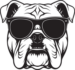 Cool English Bulldog head wearing dark sunglasses in a bold black and white vector style.