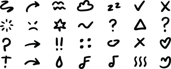 Obraz premium Hand Drawn Doodle Icon Set with Arrows, Weather, Marks and Music Notes