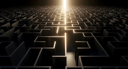A 3D-rendered maze with a central path converging toward a bright light symbolizing challenges and solutions in decision-making 33723086 1