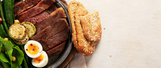 Sliced beef grill steak. Healthy dinner or lunch.