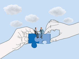 Building Business Partnerships That Fit and Thrive, Handshake on puzzle piece held by illustrated hands in sky