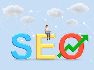 Boosting Online Visibility with Smart SEO Strategy, Person on colorful SEO letters with upward arrow and network
