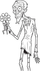 Gaunt zombielike cartoon character in tattered clothes holding a smiling flower.