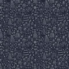 Colourful Christmas background with cute hand drawn characters and ornaments. Seamless pattern design. Vector illustration