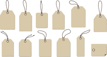 Collection of twelve vintage blank cardboard paper tags, isolated with brown string, grommets, and various rounded shapes, perfect for retail sale price labeling, gift wrapping, and custom produc
