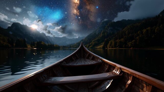 Journey through the stars by boat on a serene lake. The Milky Way stretches across the night sky, mountains frame the vista