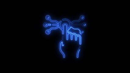 Blue neon hand touching circuit board icon on black background image photo
