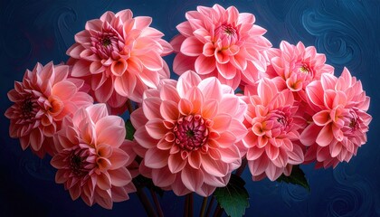 Pink dahlias bloom against a dark swirling backdrop