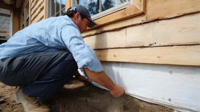 Craftsman carefully places a sheet termite barrier between foundation and wooden frame to prevent infestation.