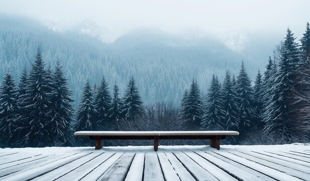 An empty bench on a wooden deck overlooking a winter forest landscape with snow-covered pine trees and a foggy mountain backdrop.