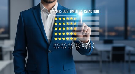 Business professional touching a glowing screen displaying customer satisfaction rating with stars and feedback icons