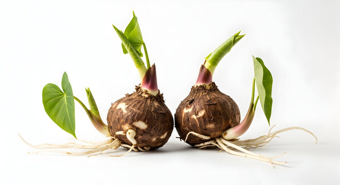 Two taro corms with emerging roots and vibrant green leaves showcasing early growth stages on a clean white backdrop 78829935 1