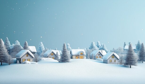 A cozy Christmas winter landscape with houses in a snow covered forest against a light blue background, featuring copy space for New Year concept.