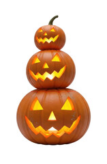 Fototapeta premium Stack of carved halloween pumpkins transparent background cutout png