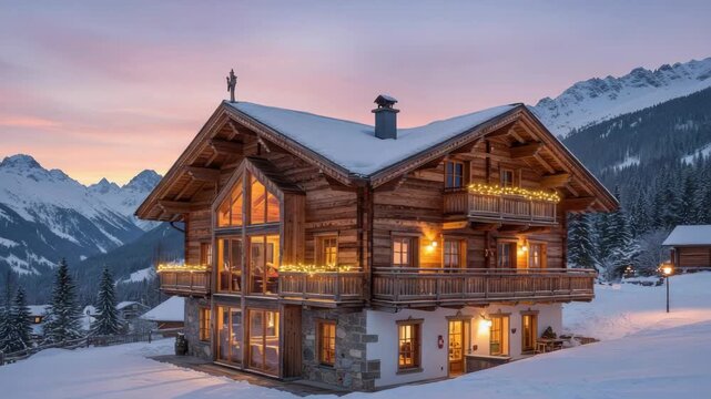 Wooden chalet in snowy mountain landscape at sunset