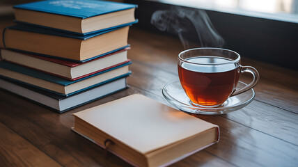 Stack of books and a steaming cup of tea on a wooden table