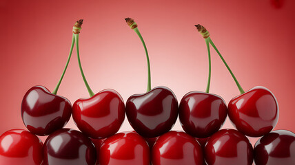 A row of shiny red cherries with green stems arranged in a neat line against a red gradient background