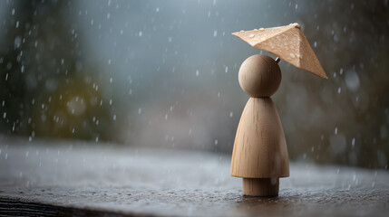 Wooden figure standing under light rain holding tiny umbrella, representing resilience, self-acceptance, and finding beauty during emotional storms and healing processes.
