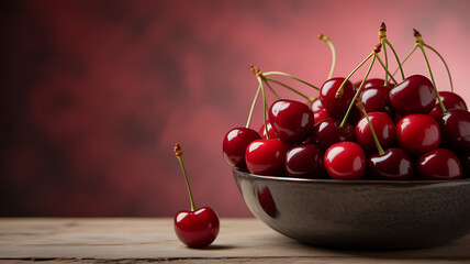 A bowl of fresh red cherries on a wooden surface with one cherry placed beside it against a dark red background